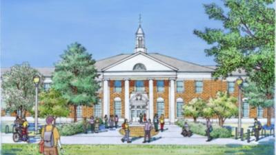 color drawing of brick facade building with white columns and portico roof and windows